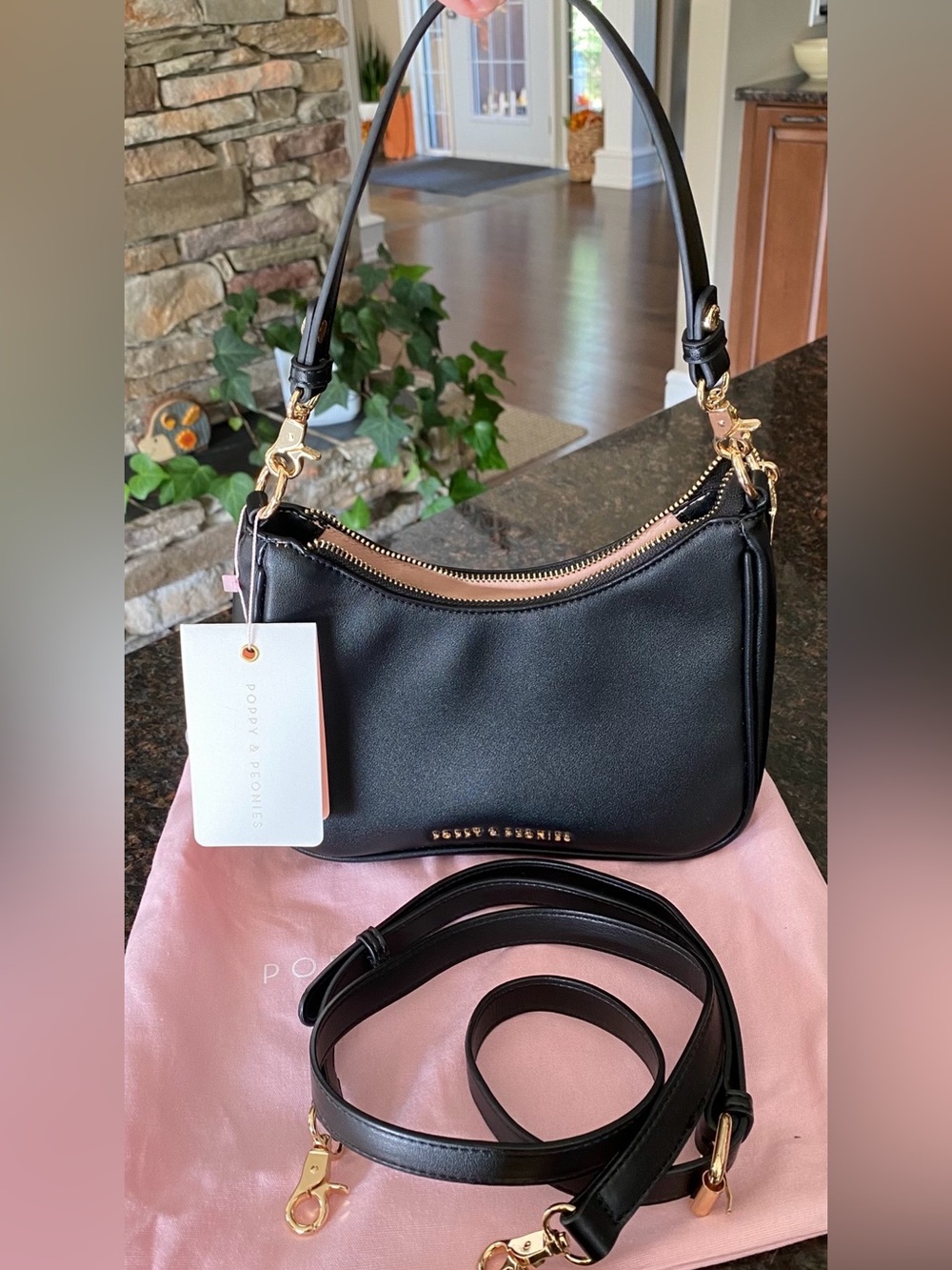 BNWT !! Poppy and Peonies Black Leather Soirée Crossbody / Shoulder Bag